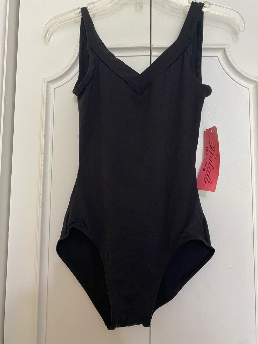Natalie Dancewear Classic Black V-neck Open Back Leotard - Size Medkum  NWT